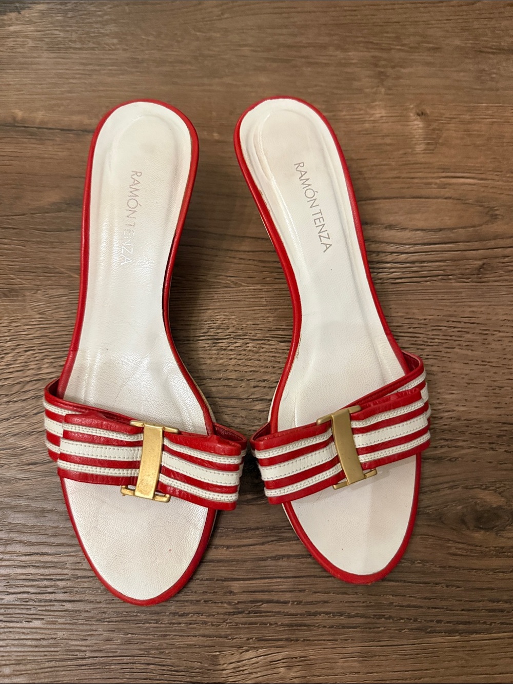 Vintage Ramón Tenza Red and White Striped Slide kitten heel Sandals Size 7